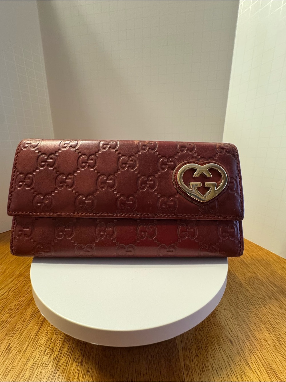 Gucci Patent Guccisima Heart 
Continental Flap Wallet (Bordeaux)